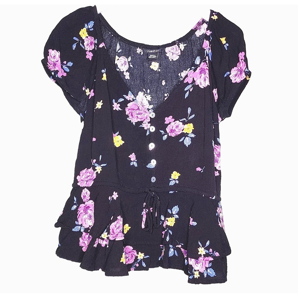 Rue 21 Y2K Babydoll Top Black Pink Floral Peplum Ruffle V-Neck Whimsigoth Small